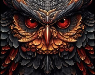 Naklejka premium Fantasy black owl with red eyes