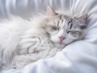 Norwegian Forest white cat sleeping on white bed and looks at you. Happy fluffy pet. Bright room, light colors. Comfortable pet sleeping in cozy home. Top view