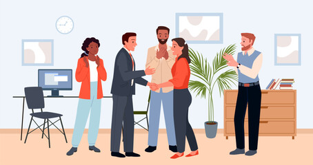 Cartoon business leader and boss shaking hand of happy manager, corporate colleagues celebrate partnership. Business team applauding with respect to handshake of office employees vector illustration - obrazy, fototapety, plakaty