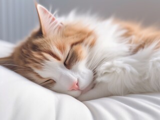 Fototapeta na wymiar Norwegian Forest red and white cat sleeping on white bed and looks at you. Happy fluffy pet. Bright room, light colors. Comfortable pet sleeping in cozy home. Top view