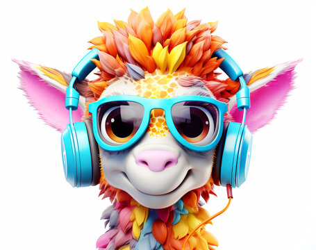 colorful cartoon character small Giraffe wearing sunglasses and headphones