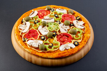 front view delicious mushroom pizza with red tomatoes bell-peppers olives and mushrooms all sliced inside on the dark desk food meal pizza italian