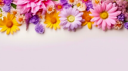 Background with colorful flowers and copy space for text, generative ai