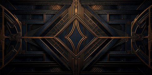 Art deco geometric pattern in gold and black, in the style of dark indigo and dark bronze, intricate lines, intricate engravings.