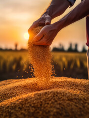 Hard-working hands of a male farmer pouring grain at sunset. Harvest season in the farmlands. Generative AI. - obrazy, fototapety, plakaty