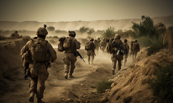 Military troops on a mission in the dusty desert. War conflict concept. Generative AI.