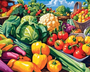 The summer farmers market displays fresh, colorful produce. (Illustration, Generative AI)