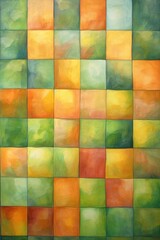 A green and orange square mosaic painting in abstract style. (Illustration, Generative AI)