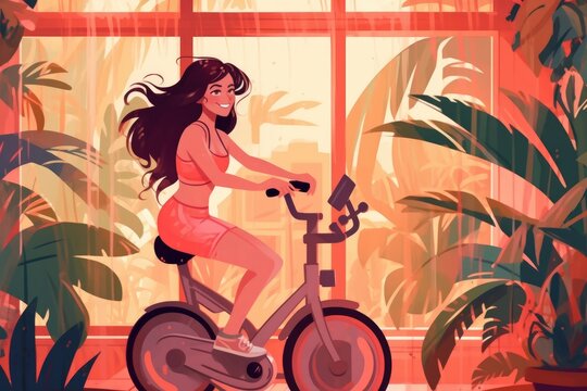 The woman on the stationary bike is smiling. (Illustration, Generative AI)
