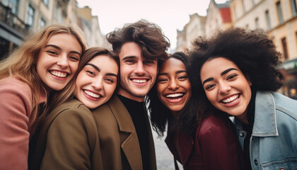 Happy friends outside in a city making a selfie