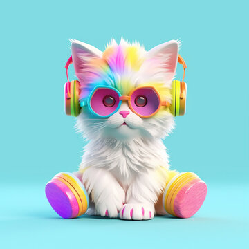 colorful cartoon character small Cat wearing sunglasses and headphones
