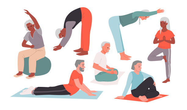 Physical exercises, sport and yoga of senior people set vector illustration. Cartoon isolated elder person doing active pilates poses and gymnastics, elderly happy man and woman stretch on mats