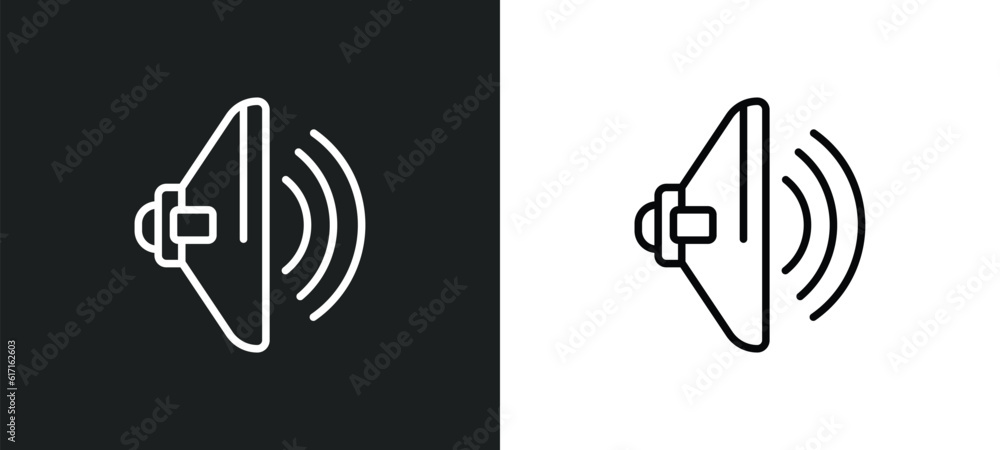 Poster high volume loudspeaker line icon in white and black colors. high volume loudspeaker flat vector ico