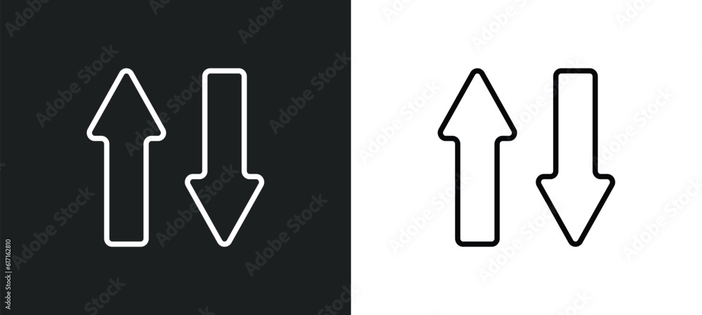 Poster up and down arrow line icon in white and black colors. up and down arrow flat vector icon from up do