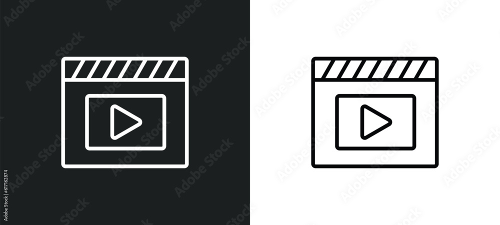 Poster movie play button line icon in white and black colors. movie play button flat vector icon from movie