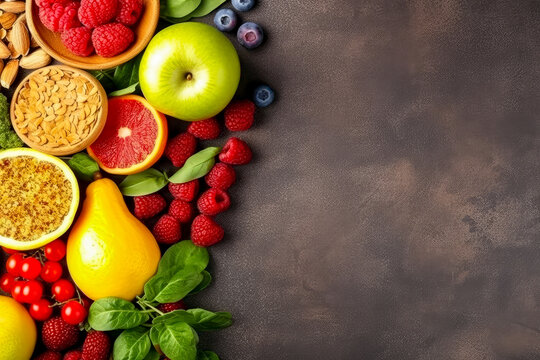 Background with healthy food fruits and copy space for text, generative ai