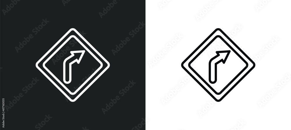 Poster right curve line icon in white and black colors. right curve flat vector icon from right curve colle