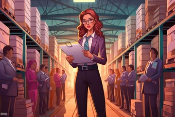 Obraz na płótnie Canvas A businesswoman shows leadership, efficiency, and supply chain skills. (Illustration, Generative AI)