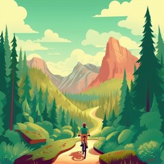 A woman mountain bikes in a summer forest landscape. (Illustration, Generative AI)