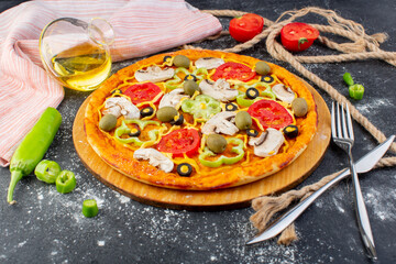 front view tasty mushroom pizza with red tomatoes green olives mushrooms with fresh tomatoes oil all over the grey desk pizza dough italian meat