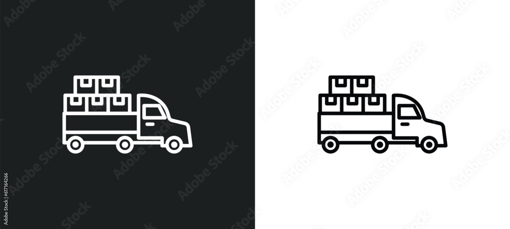 Poster loaded truck side view line icon in white and black colors. loaded truck side view flat vector icon 