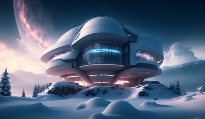 Fototapeta na wymiar White futuristic house in snowy place. Generative AI