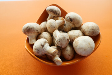 Fresh champignons mushroom in a white bowl on table 