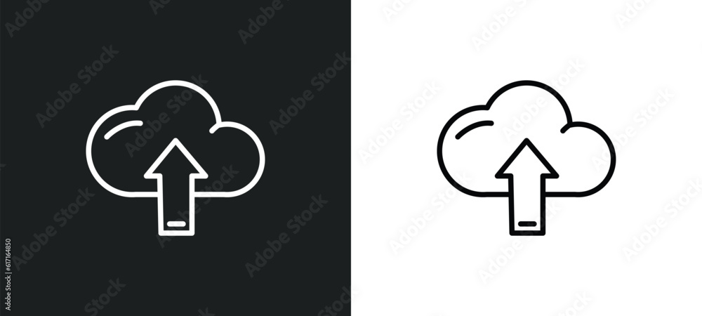 Poster up arrow and cloud line icon in white and black colors. up arrow and cloud flat vector icon from up 