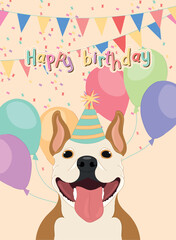 Cute birthday invitational card with a happy dog Vector illustration