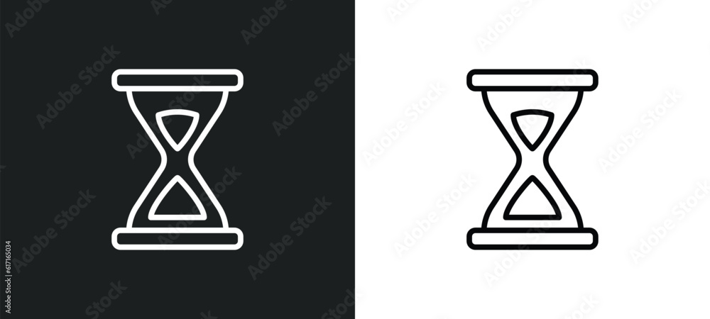 Poster sandglass clock line icon in white and black colors. sandglass clock flat vector icon from sandglass