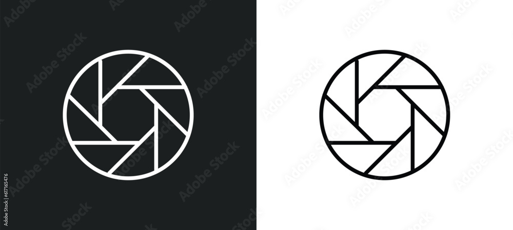 Poster camera shutter line icon in white and black colors. camera shutter flat vector icon from camera shut