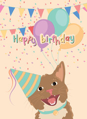 Cute birthday invitational card with a happy cat Vector illustration