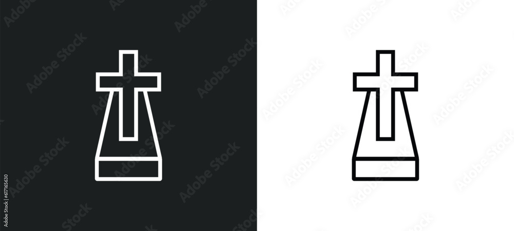 Poster cross stuck in ground line icon in white and black colors. cross stuck in ground flat vector icon fr