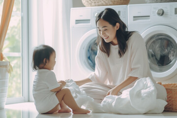 Happy woman doing laundry ai generated