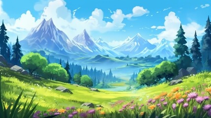 A land with beautiful views, mountains in the background, beautiful vegetation game art