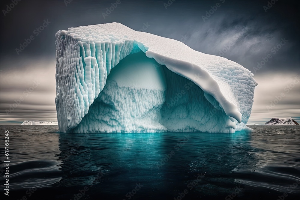 Poster massive iceberg floating in the ocean with a cloudy sky in the background. generative ai