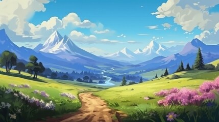 A land with beautiful views, mountains in the background, beautiful vegetation game art