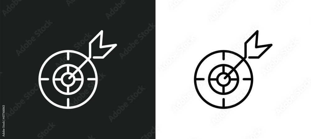 Poster dart board line icon in white and black colors. dart board flat vector icon from dart board collecti
