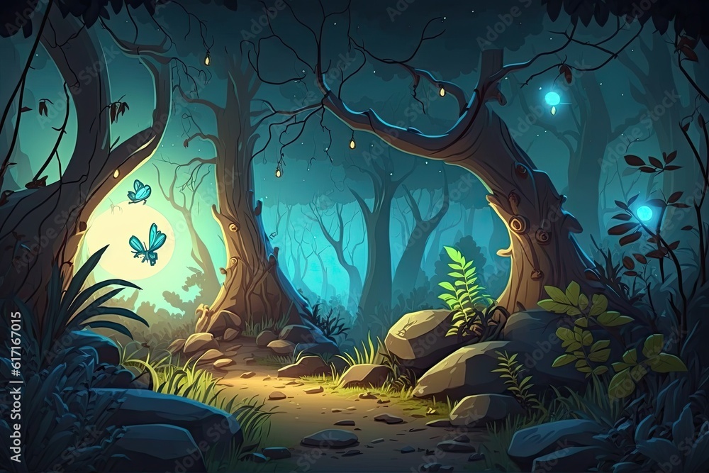 Poster serene forest path with lush greenery and sunlight filtering through the trees. generative ai