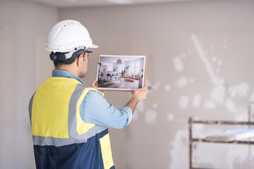 Experienced engineer imagining finished renovation of living room man in hardhat and vest looking...
