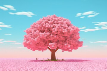 solitary pink tree standing in a vast pink field