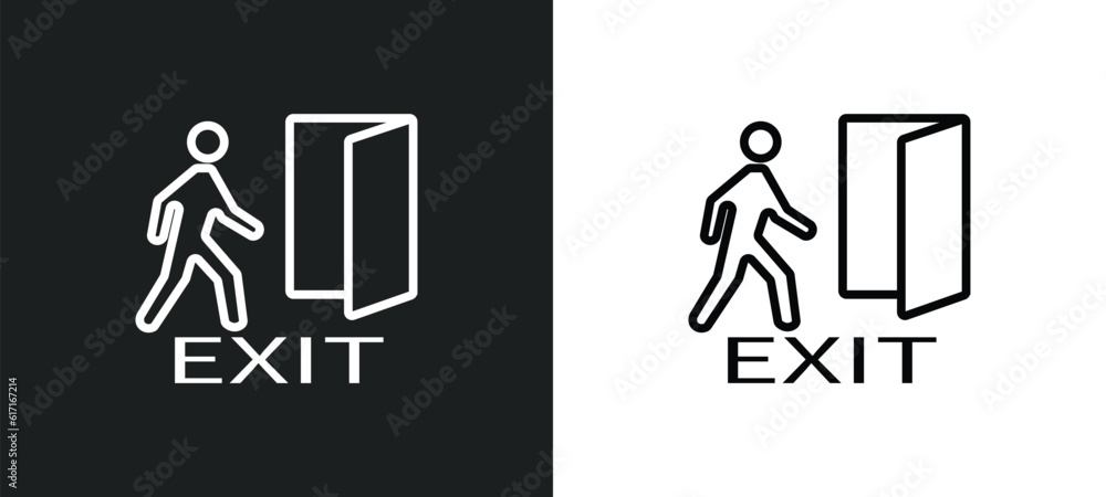 Poster emergency exit line icon in white and black colors. emergency exit flat vector icon from emergency e