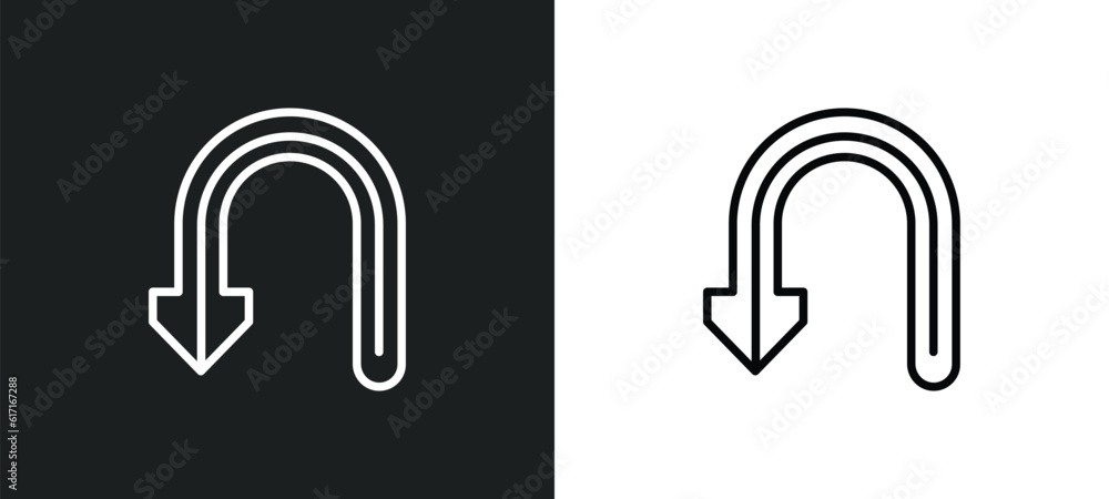 Poster u turn line icon in white and black colors. u turn flat vector icon from u turn collection for web, 