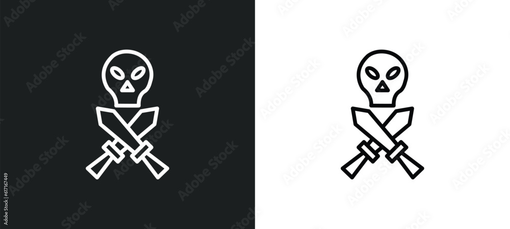 Poster skull and dagger line icon in white and black colors. skull and dagger flat vector icon from skull d