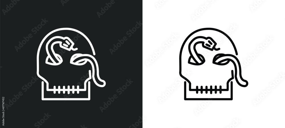 Poster skull and snake line icon in white and black colors. skull and snake flat vector icon from skull sna