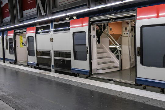 Interior of Charles de Gaulle-Etoile RER station. Paris the RER acts as an express underground or subway train. Paris. France. MAY 28, 2019.