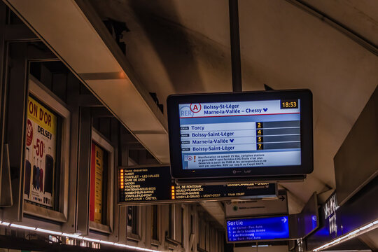 Interior of Charles de Gaulle-Etoile RER station. Paris the RER acts as an express underground or subway train. Paris. France. MAY 28, 2019.