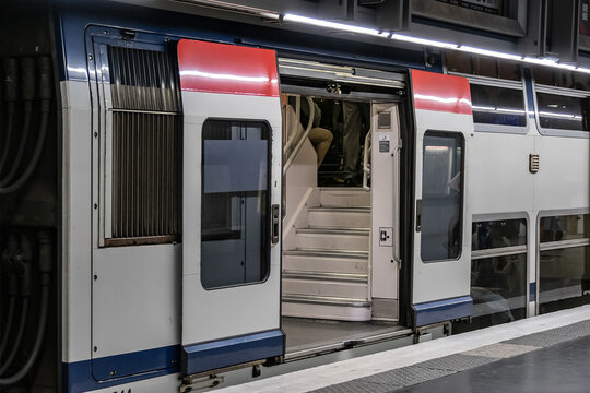 Interior of Charles de Gaulle-Etoile RER station. Paris the RER acts as an express underground or subway train. Paris. France. MAY 28, 2019.