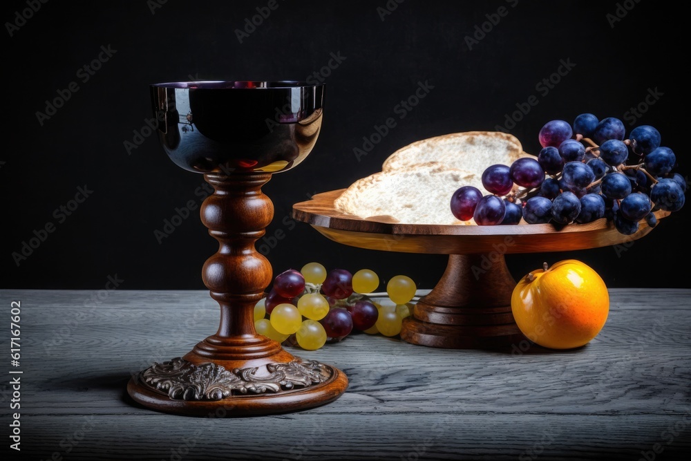 Poster rustic table setting with grapes and bread. generative ai