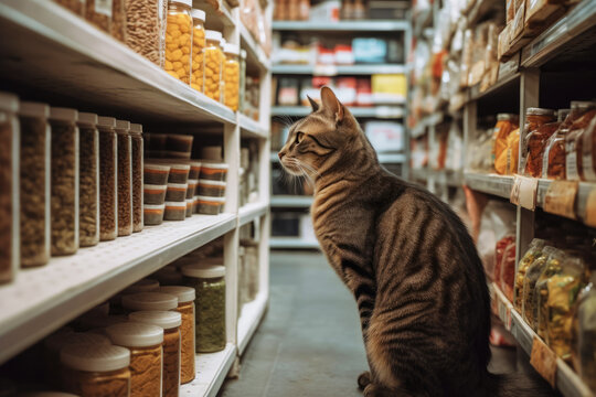 Cute cat in a pet store looking and choosing its own food. Generative AI